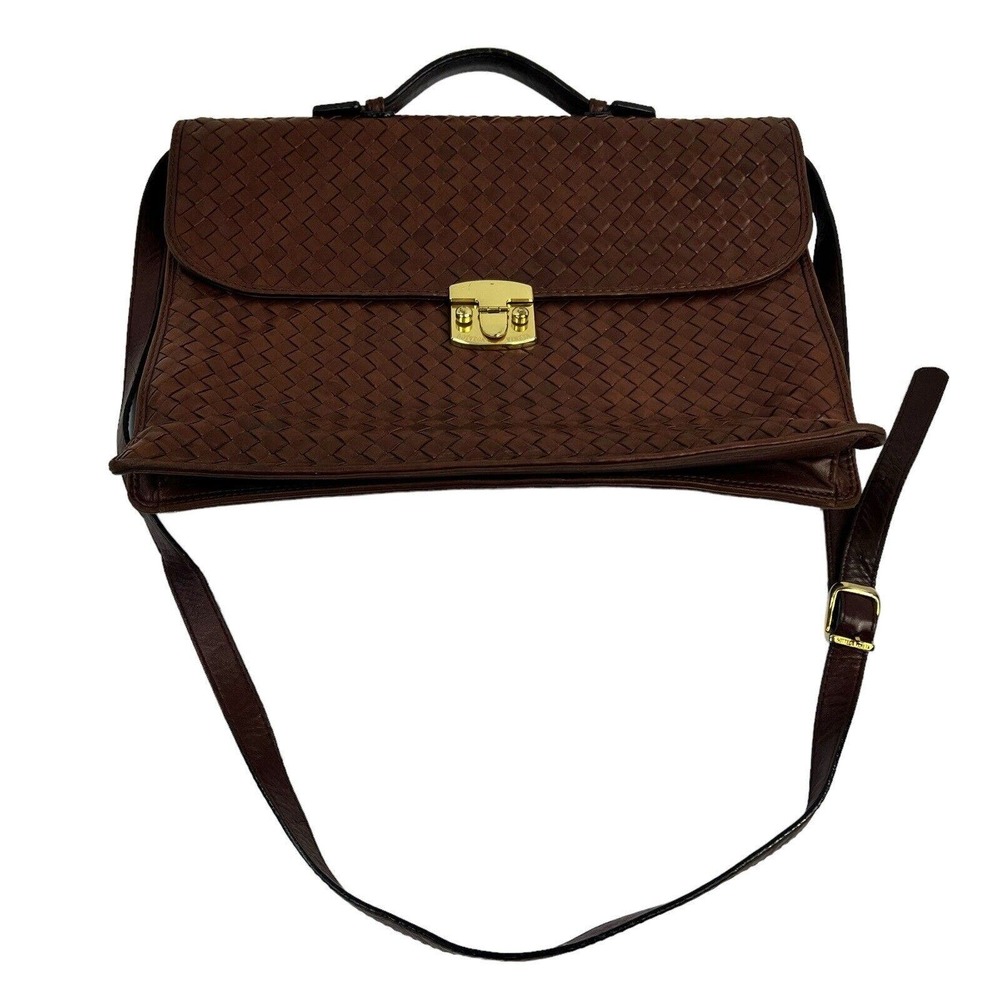 Bottega Veneta Cognac Brown Woven Leather Briefcase Top Handle Gold Buckle - Picture 2 of 16